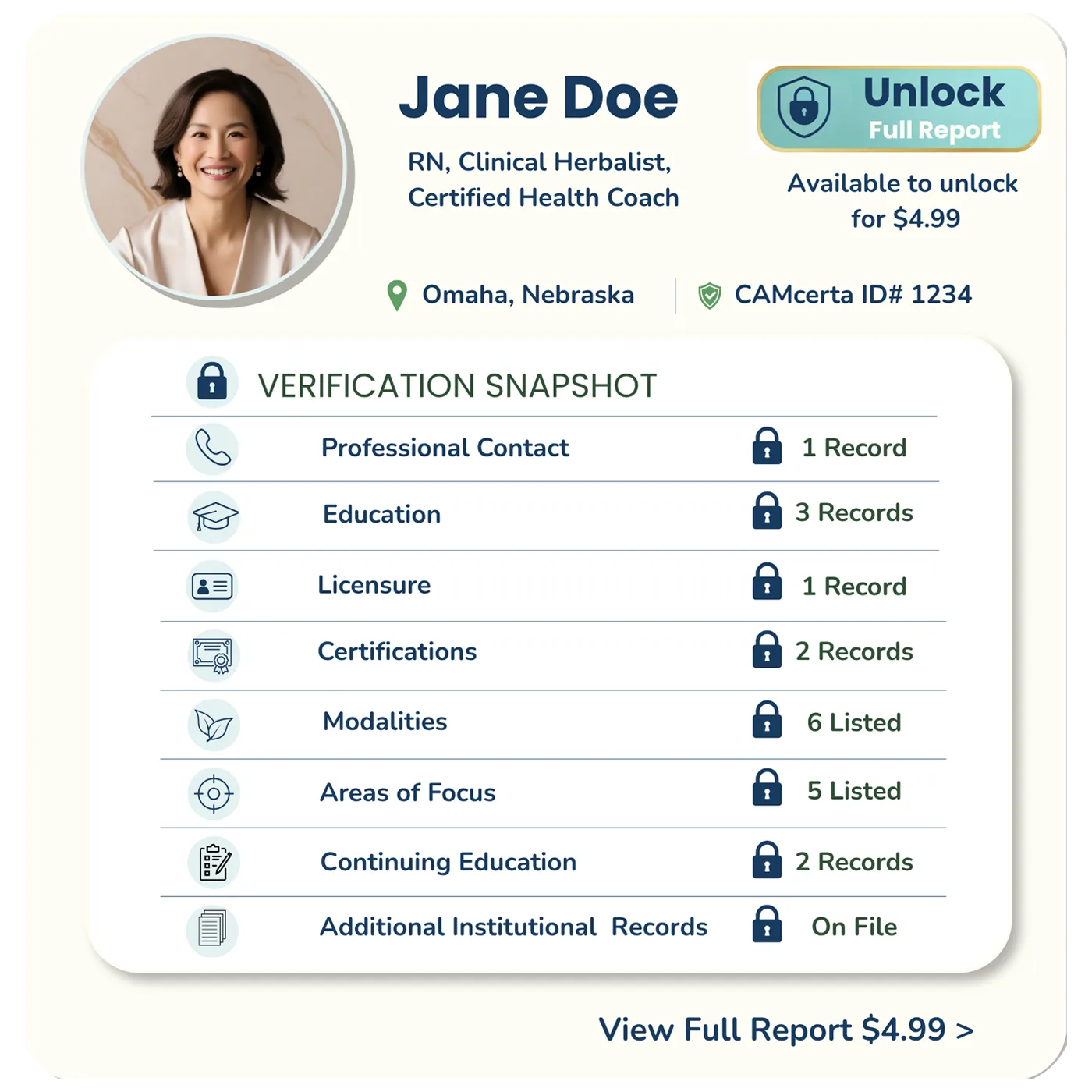 Free basic summary card showing a preview of available practitioner verification information